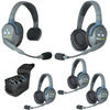 Eartec UL514 UltraLITE 5 Person System w/ 1 Single 4 Double Headsets, Batteries, Charger & Case