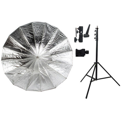 72" Black/Silver Parabolic Umbrella Kit with Large Light Stand, Umbrella Holder and Cold Shoe