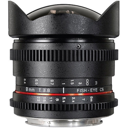 8mm T3.8 Cine HD Fisheye Lens for Nikon F Mount w/Removable Hood
