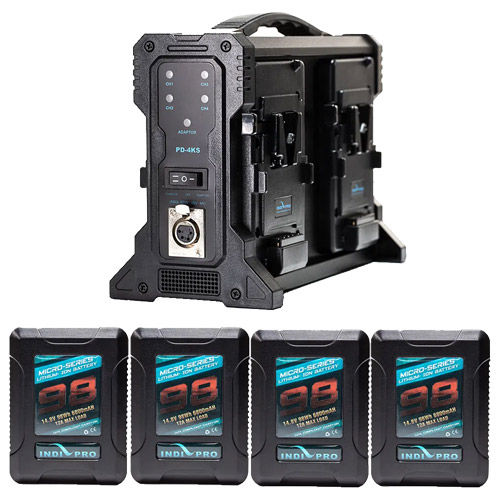 Four Micro-Series 98Wh V-Mount Li-Ion Batteries and Quad Pro V-Mount Battery Charger Kit