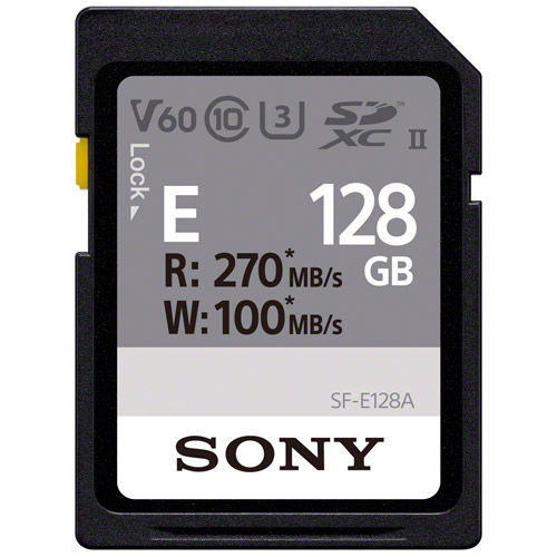 E-Series 128GB SDXC UHS-II U3 Class 10 V60 Card, 270MB/s read & 100MB/s write speeds