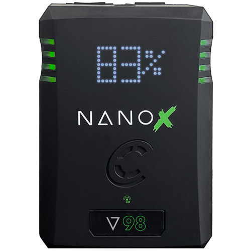 NANO-V98X 98wh Micro Sized V-mount SMART Battery Pack, 14.8v 6.6Ah. 10A Draw w/ EmLEDTM Fuel Gauge