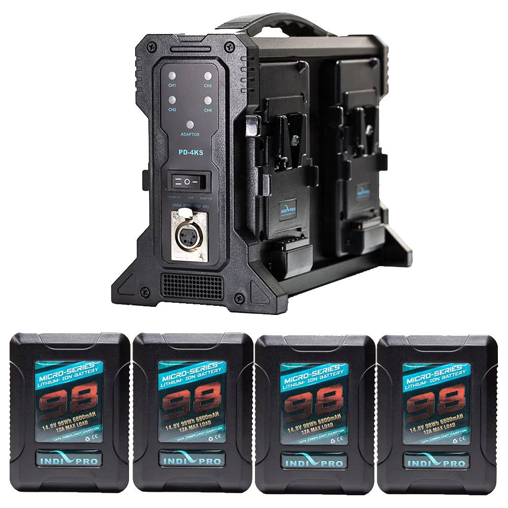 Kit 4 Baterías V-Mount 98Wh IndiPRO Con Cargador Dual - Tecno Importaciones