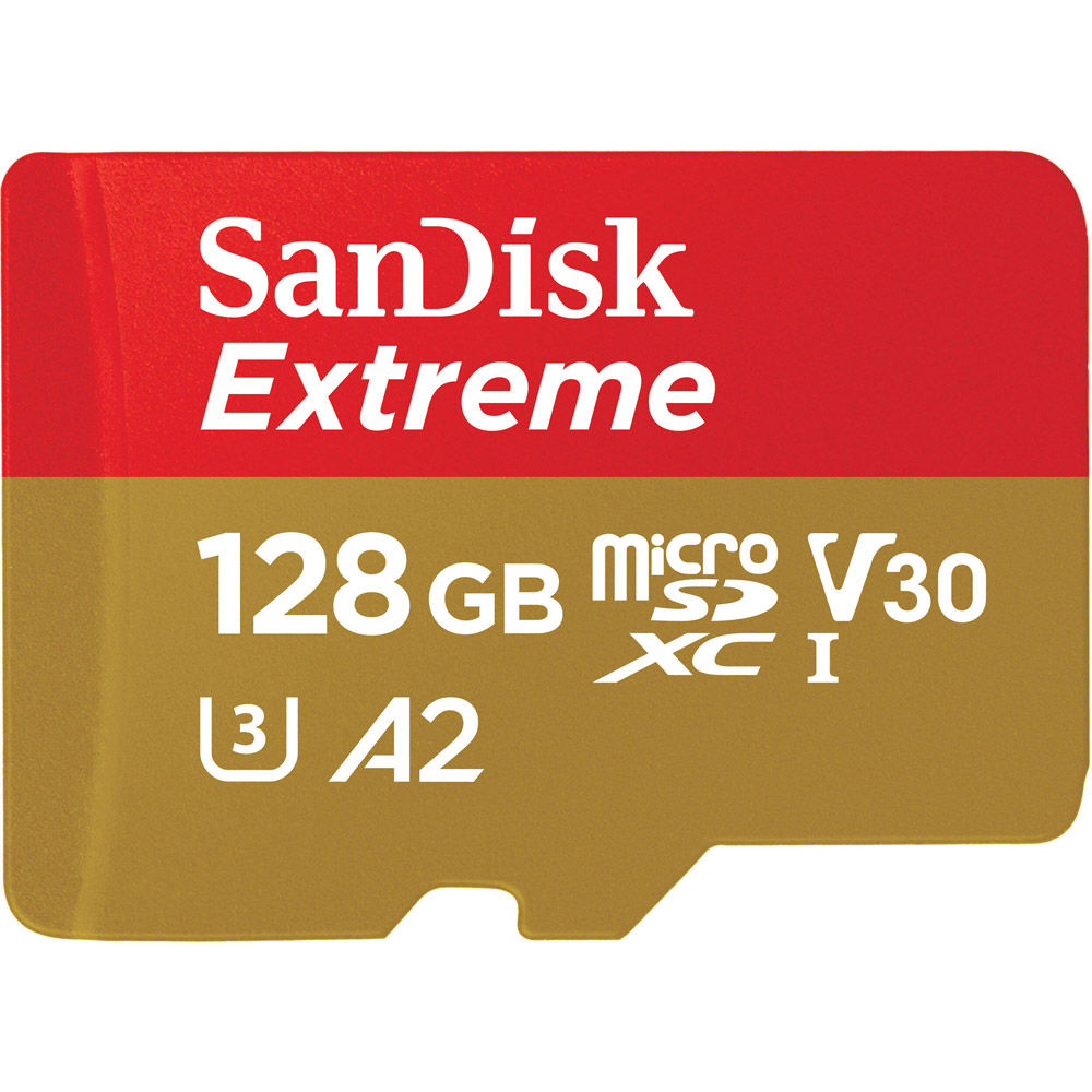 Sandisk Extreme 128GB Micro SDXC A2 UHS-I U3 Class 10 V30 Card, 190MB/s  read & 90MB/s write speeds